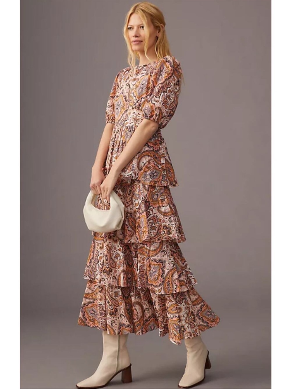 Anthropologie x Kachel || Tieredβ Maxi Dress Paisley Orange Peach XS